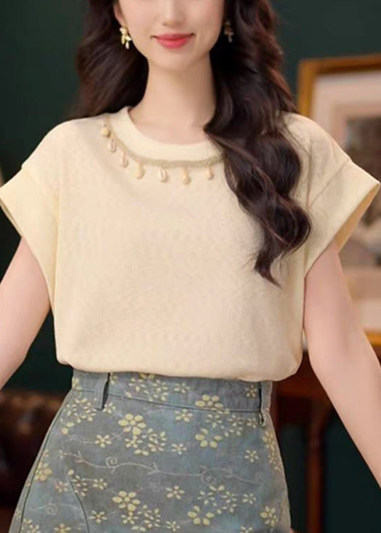 Simple Apricot O Neck Cotton T Shirts Summer