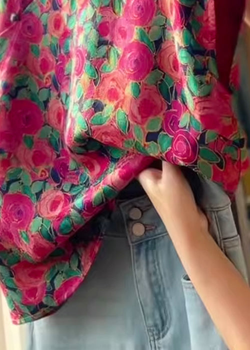 Stand Collar Button Print Silk Shirts Summer