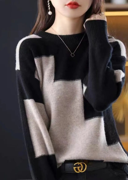 Natural White O-neck Patchwork Thick Cashmere Knit Sweater Fall