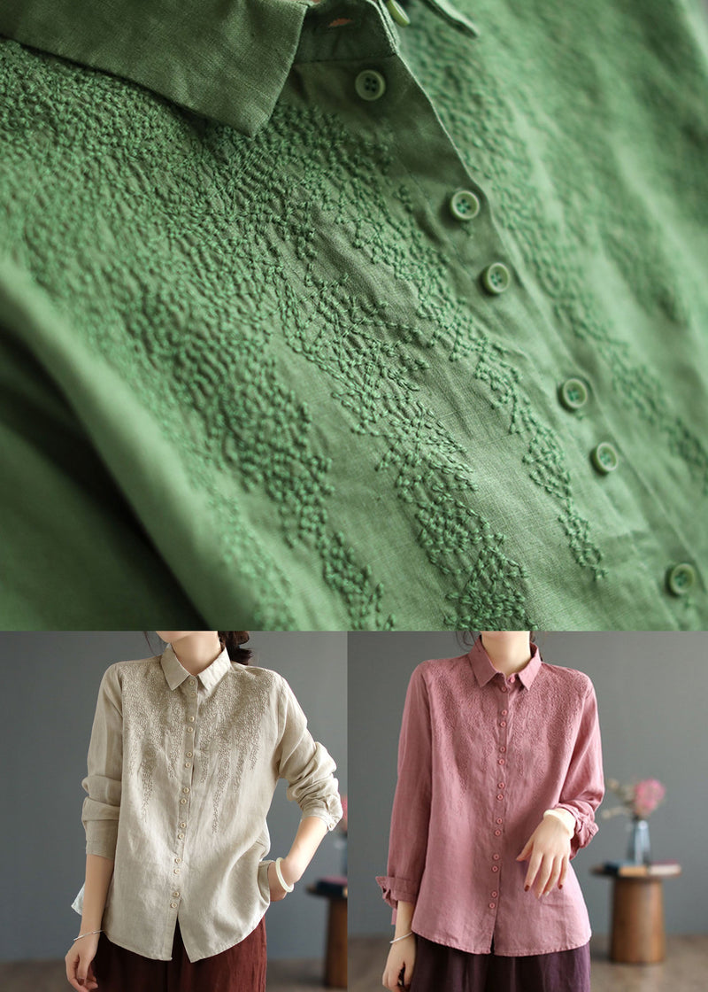 Modern Pink Peter Pan Collar Embroidered Linen Shirts Spring