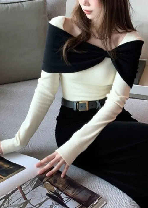 Original Design White Bow Patchwork Knit Sweater Winter
