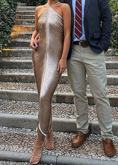 Stylish Gold Tassel Halter Silk Party Dress Summer