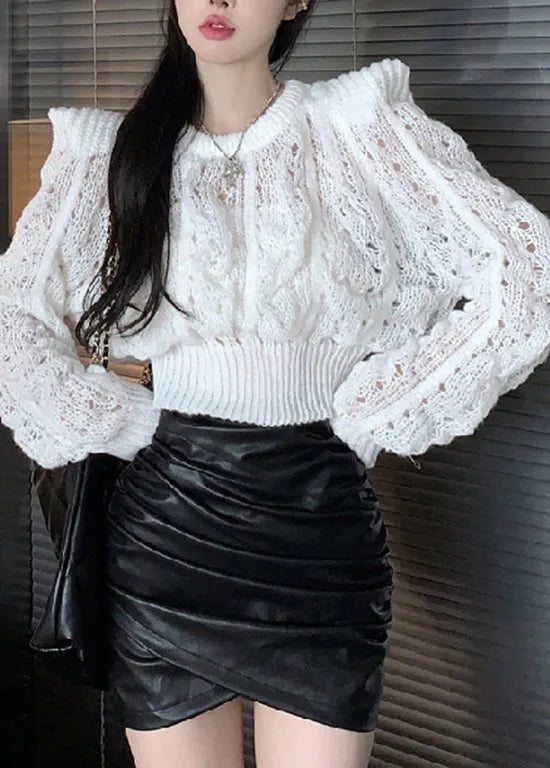 Green Puff Sleeve Hollow Out Knit Short Sweater Spring