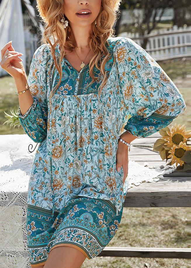 Blue V Neck Print Cotton Mid Dresses Summer