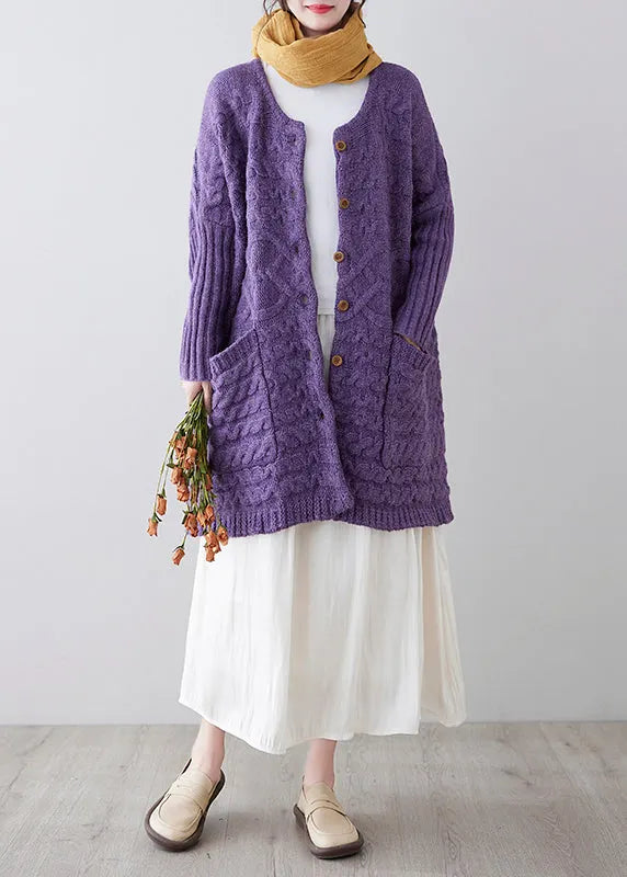 Purple Button Pockets Cotton Knit Cardigan Fall