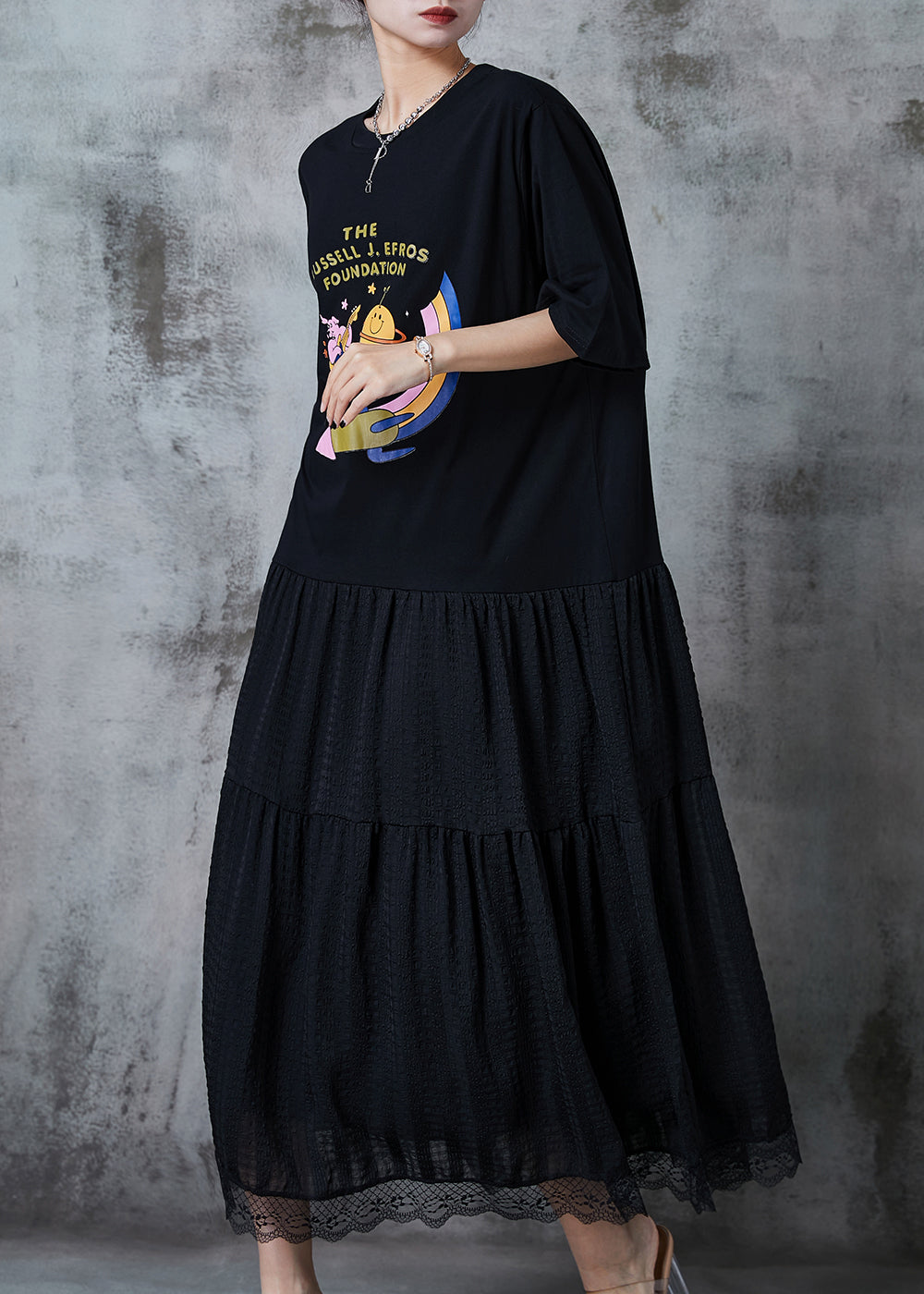Diy Black Exra Large Hem Patchwork Cotton Maxi Dresses Summer