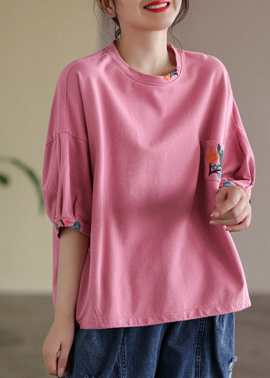 Vogue Pink O-neck Embroidered T Shirt Half Sleeve