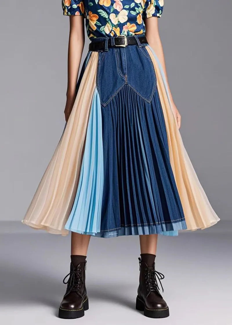 Navy Patchwork Exra Large Hem Denim Skirts Fall