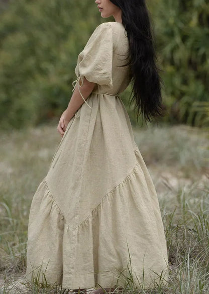 French Pink Lace Up Linen Dresses Lantern Sleeve