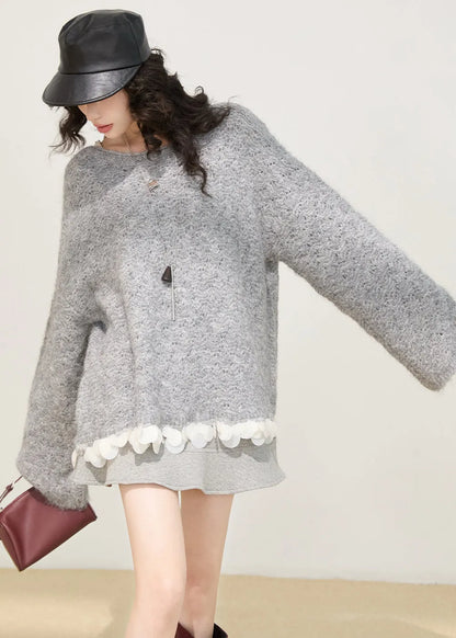 Grey Oversized Patchwork Knit Sweaters Winter