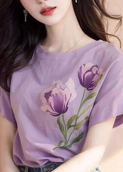 Purple O Neck Print Cotton T Shirt Short Sleeve