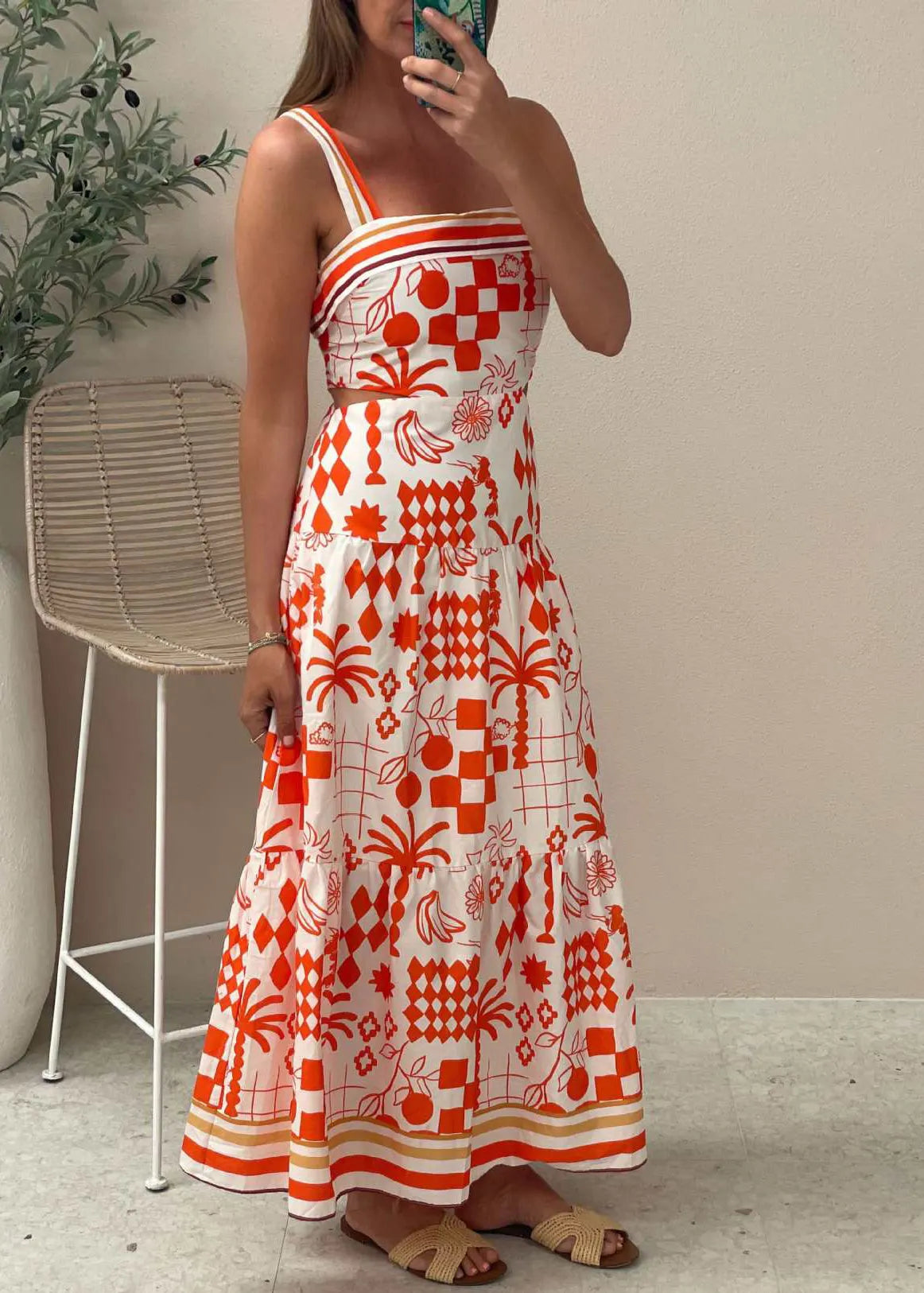Natural Red Print Patchwork Cotton Spaghetti Strap Dress Summer