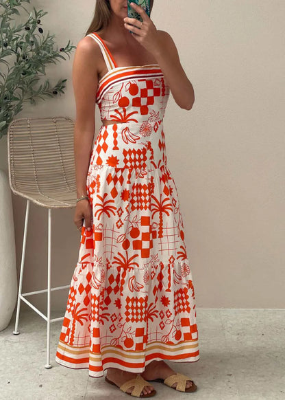 Natural Red Print Patchwork Cotton Spaghetti Strap Dress Summer