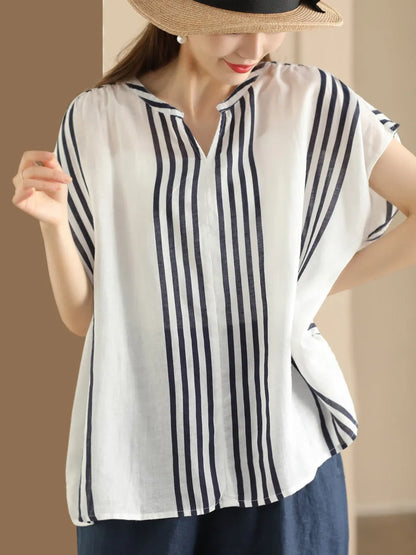 Summer Artsy Stripe V-neck Thin Linen Shirt