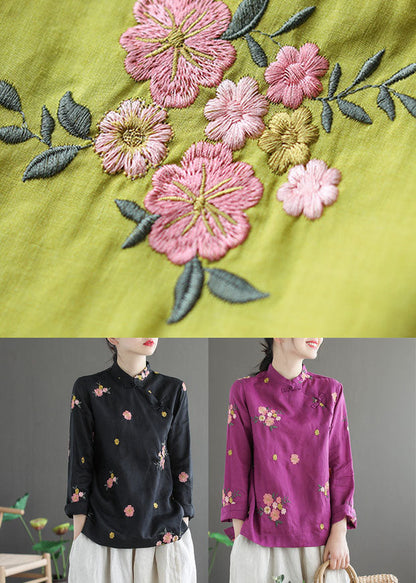 Purple Linen Chinese Style Blouses Embroidered Oriental Button Long Sleeve