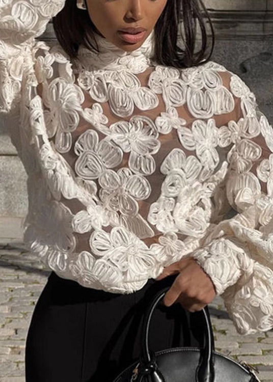White Notched Lace Top Lantern Sleeve