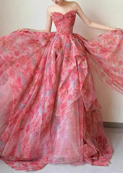 Strapless Print High Waist Chiffon Exra Large Hem Dresses Sleeveless