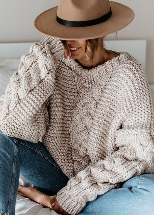Beige V Neck Thick Cable Knit Sweaters Fall