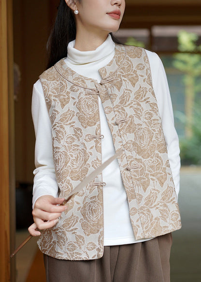 Champagne Chinese Button Jacquard Fine Cotton Filled Vest Sleeveless