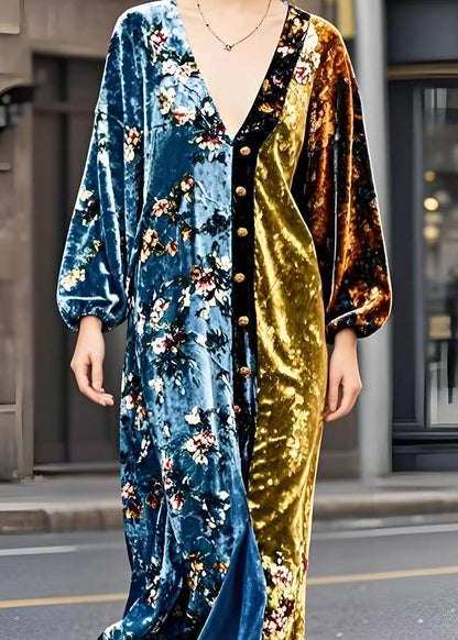 Colorblock V Neck Patchwork Golden Button Silk Velvet Dresses Spring