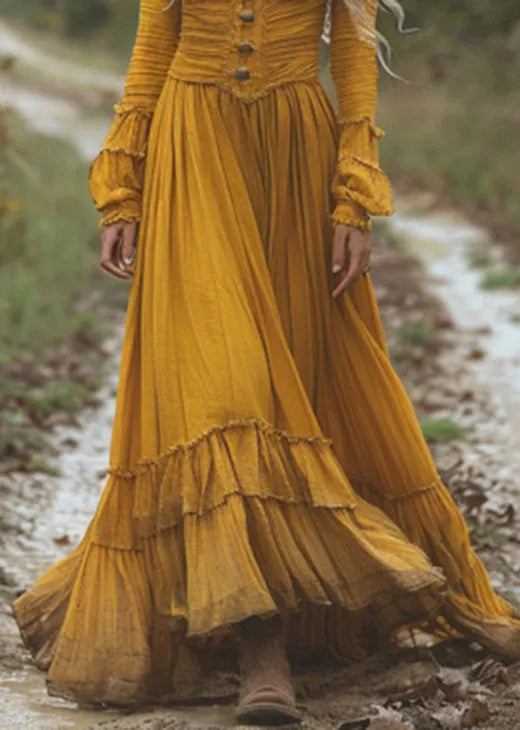 Yellow Wrinkled Patchwork Cotton Long Dresses Fall
