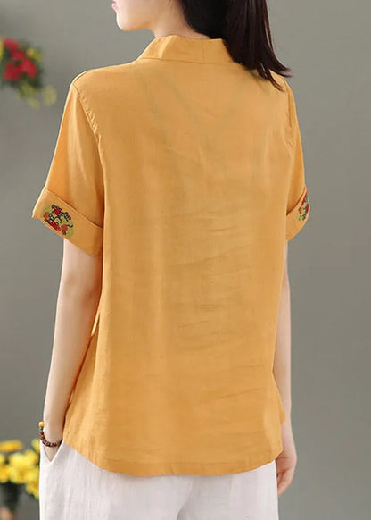 Yellow V Neck Embroidered Button Shirt Short Sleeve