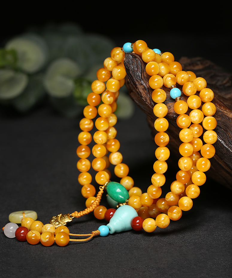 Yellow Jade Amber Beeswax Beading Tassel Pendant Necklace
