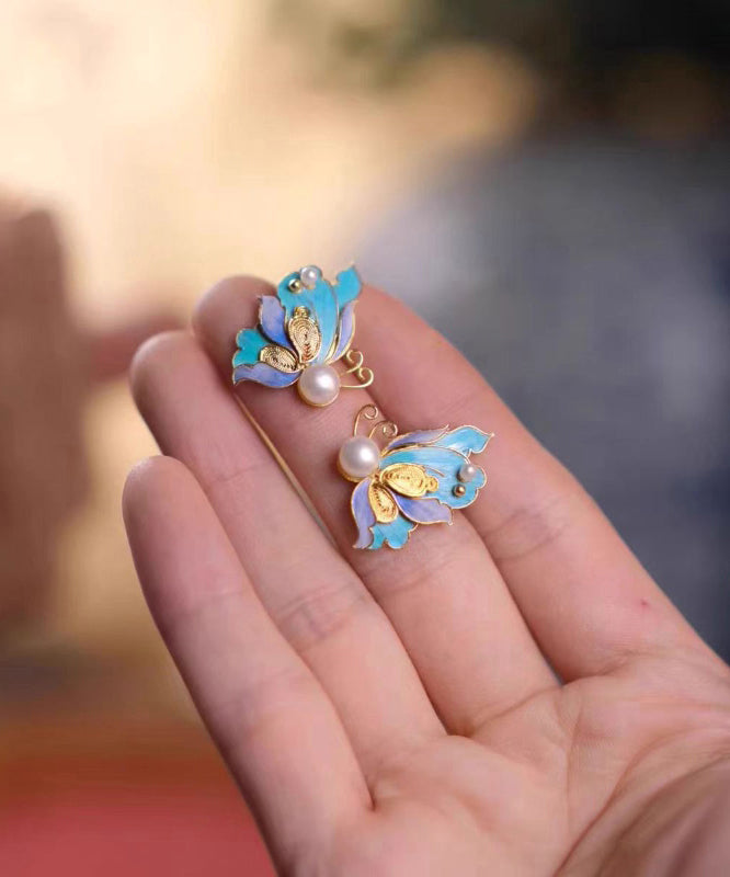 Blue Sterling Silver Overgild Pearl Butterfly Hollow Out Stud Earrings