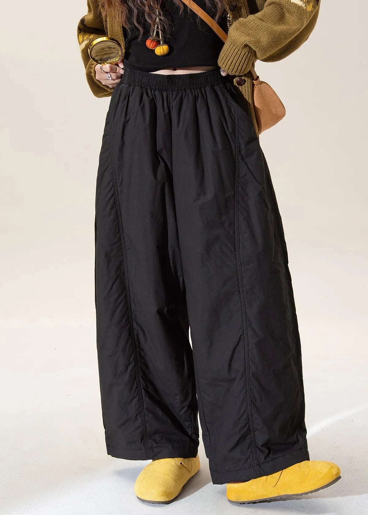 French Apricot Elastic Waist Fine Cotton Filled Pants Winter