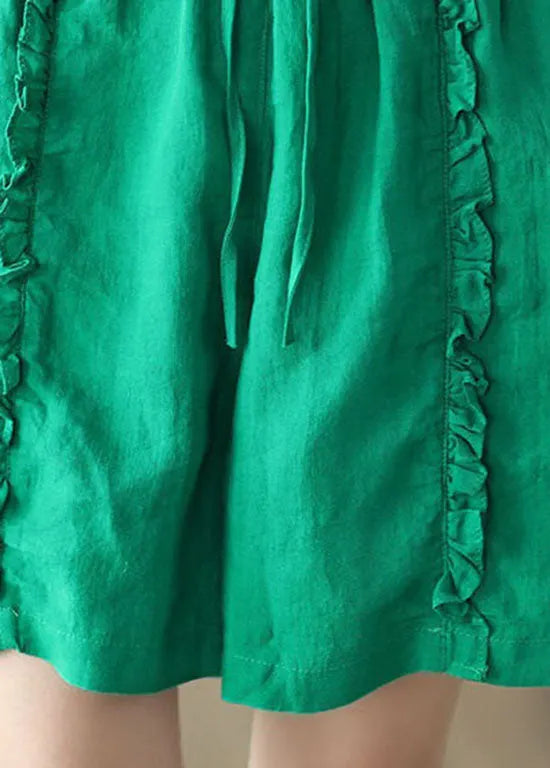 Diy Green Pockets Ruffled Patchwork Linen Hot Pants Summer