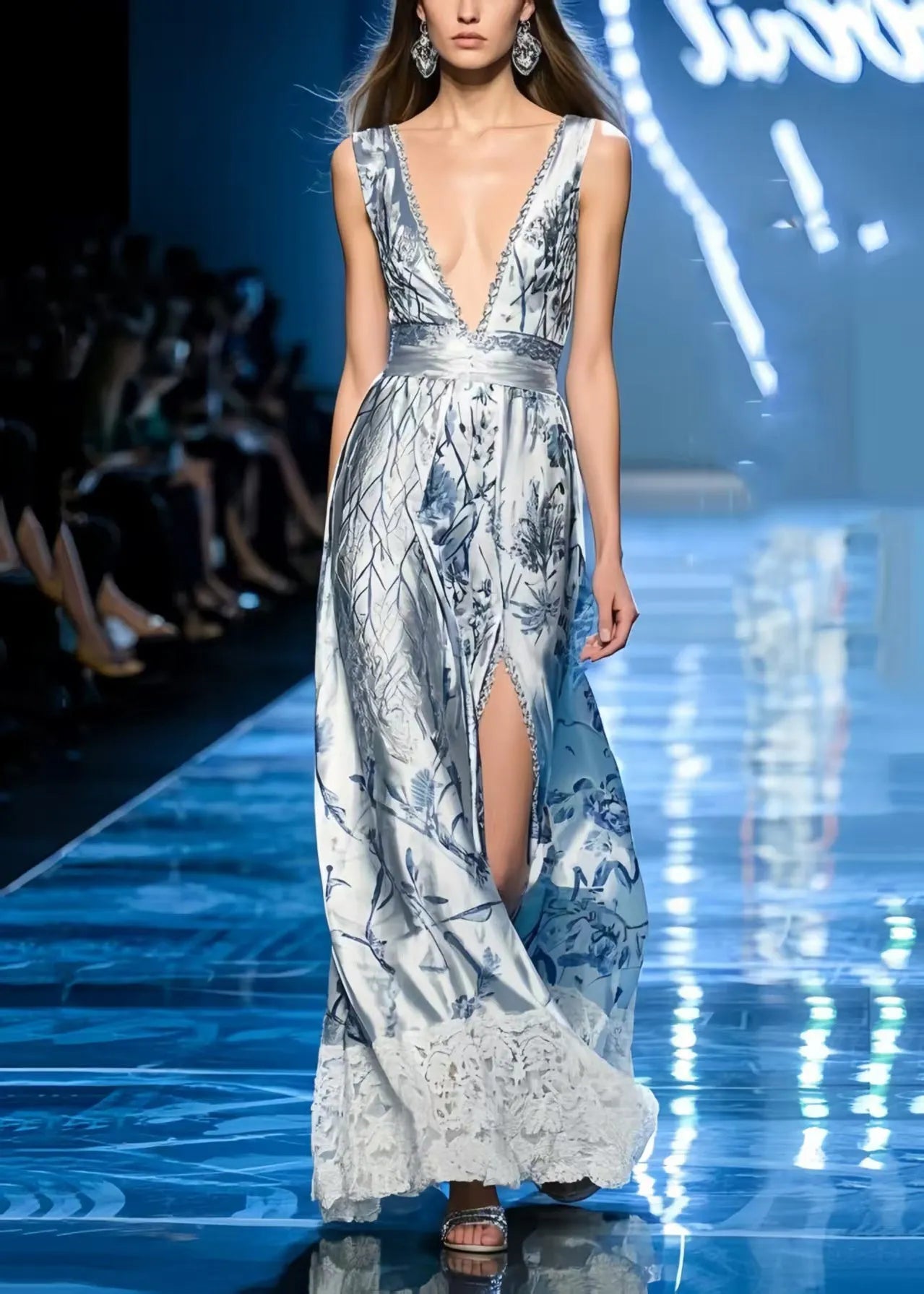 Light Blue Print Silm Fit Party Dress Deep-v Side Open Sleeveless