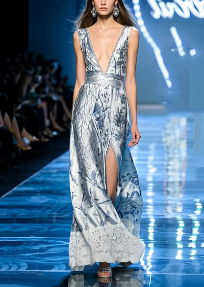 Light Blue Print Silm Fit Party Dress Deep-v Side Open Sleeveless