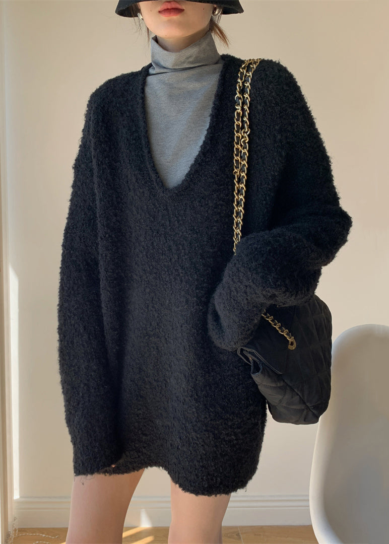 Simple Black V Neck Knit Sets 2 Pieces Winte