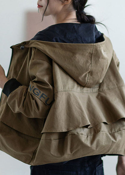 Red Zippered Graphic Patchwork Fall Hooded Coat