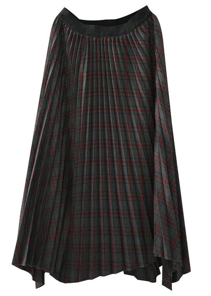 Chocolate Elastic Waist Asymmetrical Design Plaid Cotton Skirt Fall