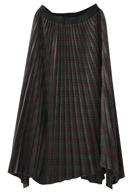 Chocolate Elastic Waist Asymmetrical Design Plaid Cotton Skirt Fall