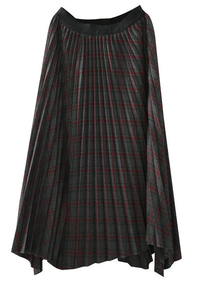 Chocolate Elastic Waist Asymmetrical Design Plaid Cotton Skirt Fall