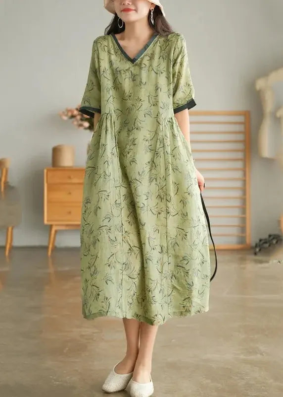 Green Wrinkled V Neck Patchwork Cotton Long Dress Short Sleeve