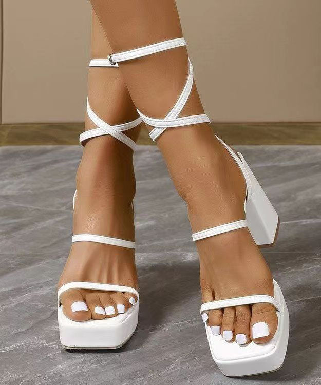 White Chunky Heel Sandals Lace Up Peep Toe