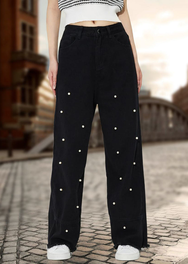Black Pockets Pearl Straight Denim Pants Fall
