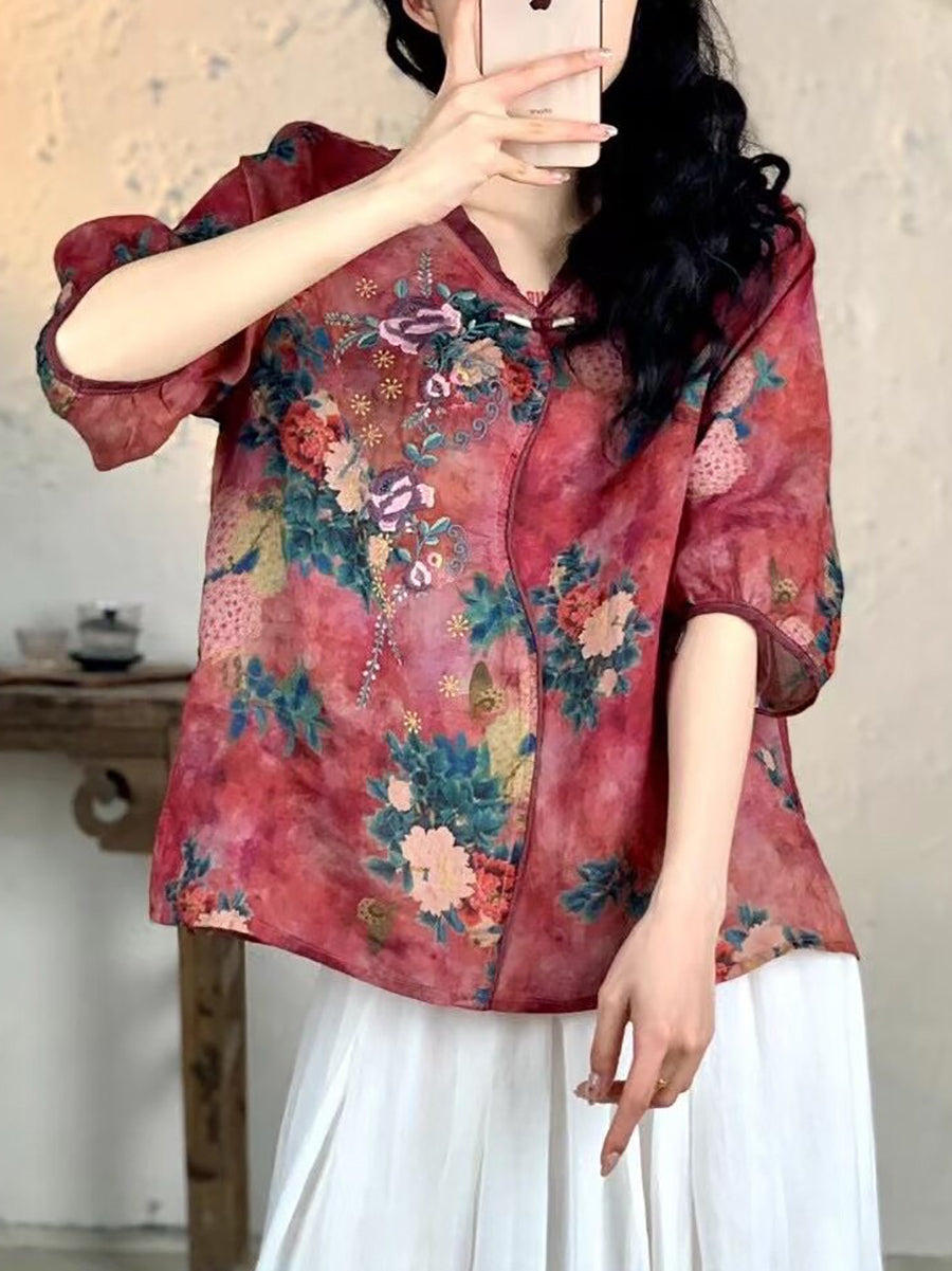 Summer Embroidery Ramie Shirt