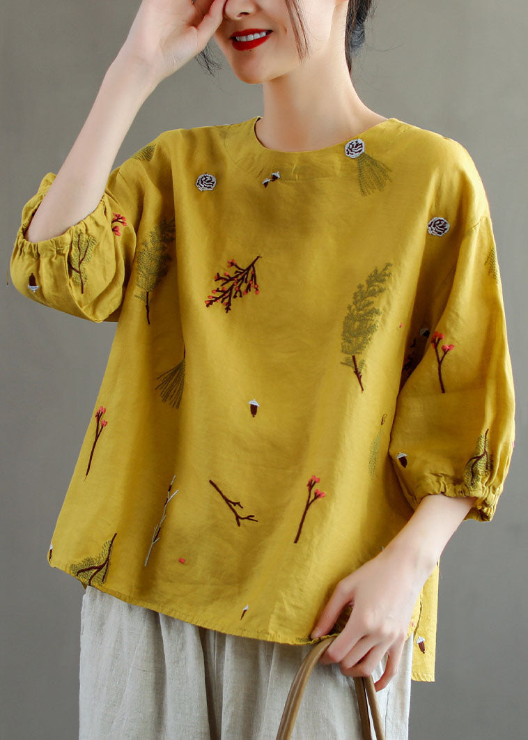 White Patchwork Linen T Shirt Tops Embroidered Lantern Sleeve