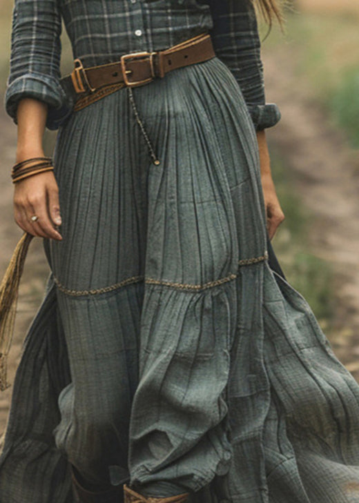 Green Plaid Patchwork Cotton Long Dress Fall