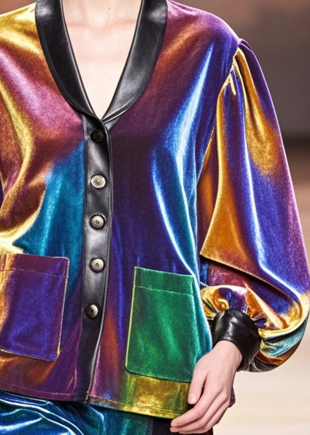 Gradient Color Peter Pan Collar Patchwork Silk Velvet Jackets Fall