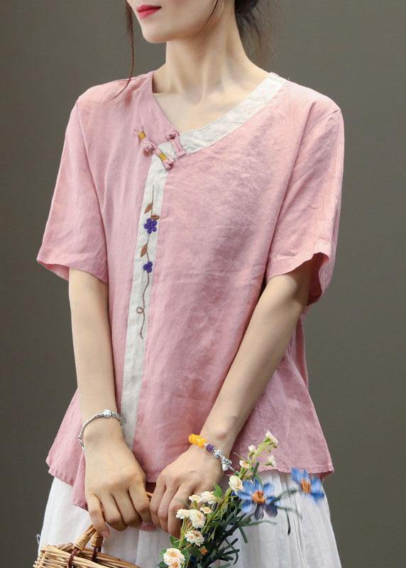 Purple Embroidered Asymmetrical Design Patchwork Summer Linen Blouse Top Short Sleeve