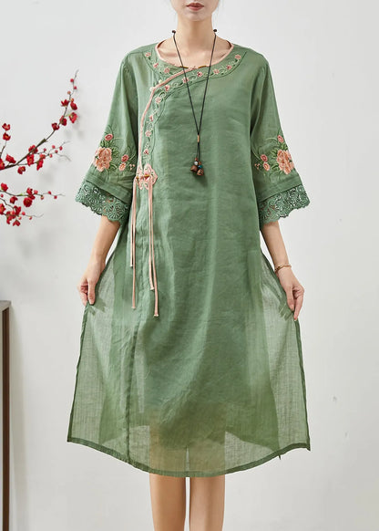 Green Tasseled Embroidered Linen Dresses Summer