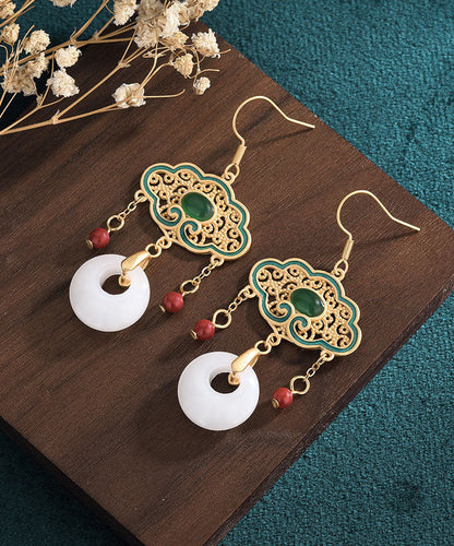 White Alloy Inlaid Gem Stone Jade Cloisonne Enamel Tassel Ping Buckle Drop Earrings
