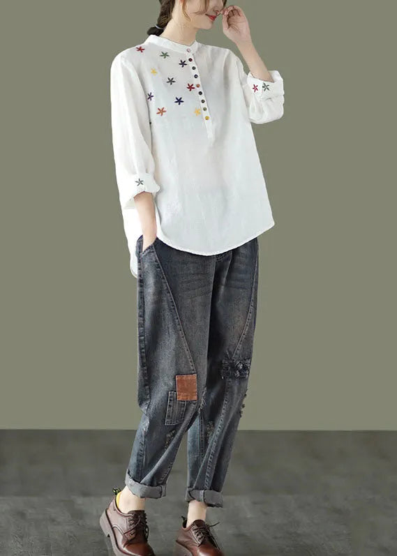 White Stand Collar Embroidered Linen Shirt Spring