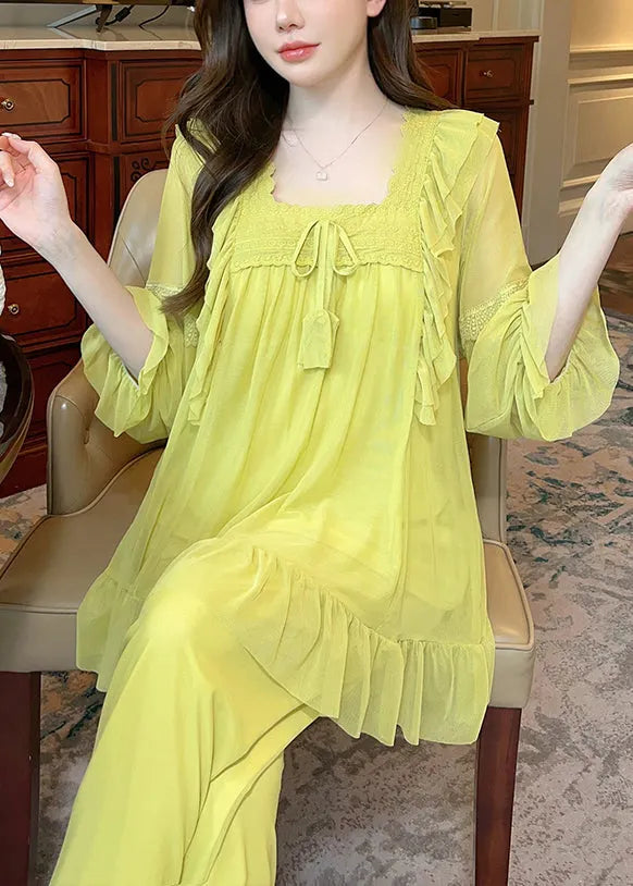 Green Square Collar Lace Up Tulle Pajamas Two Piece Suit Set Butterfly Sleeve