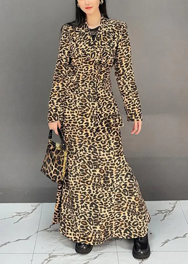 Leopard Coat and Skirts Two Pieces Set Fall